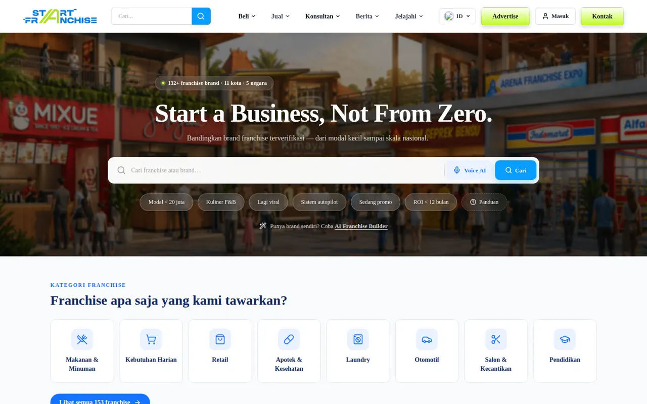 Start Franchise Platform: SaaS platform and company site for Indonesia’s franchise marketplace, with 130+ brands across 8+ categories.